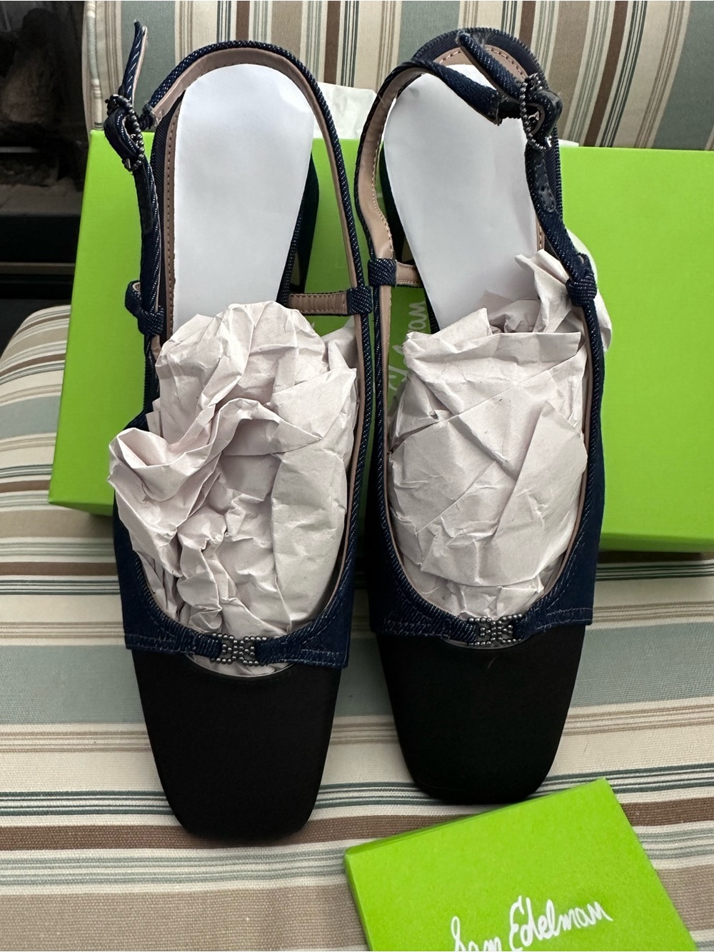 Sam Edelman Denim Navy and Black Tarra Slingback Low Block Heel - Picture 5 of 7